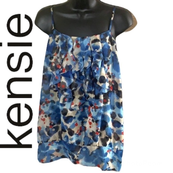 Kensie multicolour sleeveless semi-sheer ruffle neck blouse size L - Picture 1 of 10